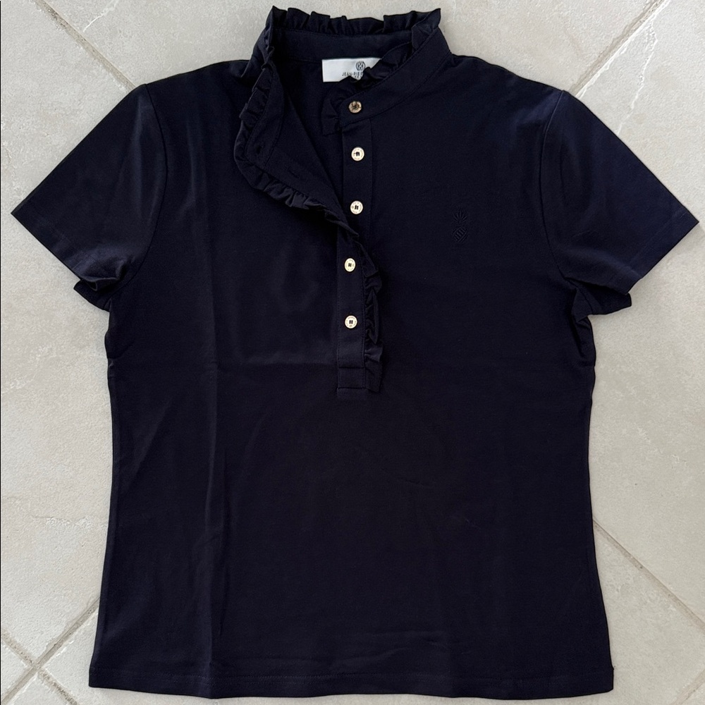Elegant Blue Ruffled Women's Button Down T-Shirt